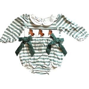 Boutique Baby Girls 3-6 Months Okie & Lou Green Striped Bows Horse One-Piece
